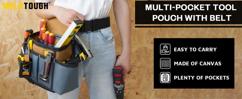 MELOTOUGH Professional Tool Belt Pouch,Small Tool Pouch with Belt,Left/Right Hammer Holder,Design Multi-Functional Pockets for Electrician/Carpenter/Construction, Waist Fits 32-50 Inches,Khaki