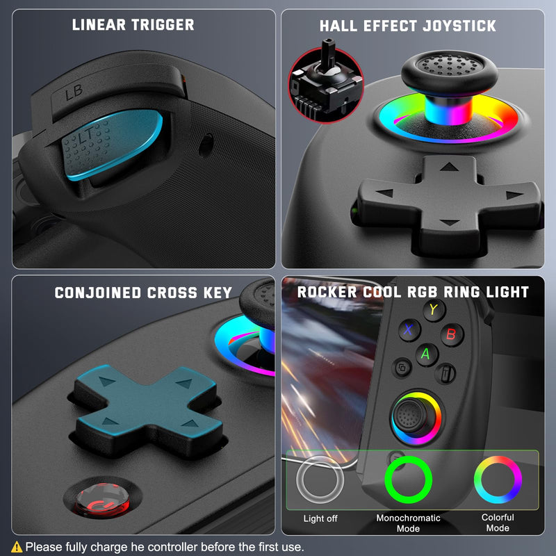 Joso Wireless Controller for iPad/iPhone/Android(129-252mm), Phone Controller Support Xbox Cloud/PS Remote Play, Mobile Gaming Controller with Hall Effects Joysticks for Switch/PS4, Direct Play Black