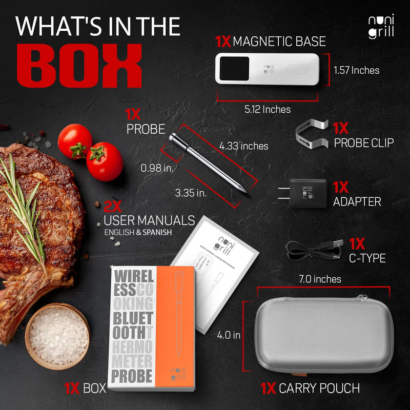 Smart Wireless Meat Thermometer- Digital Meat Thermometer for Smoker, Grilling & Oven Smartphone App Digital Meat Thermometer Wireless, 200ft Range, Rechargeable (One Probe) One Probe