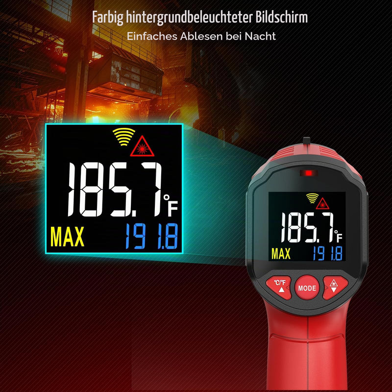 Infrared Thermometer, SQECH Temperature Meter -50℃~600℃(-58℉~1112℉) | With adjustable emissivity and colored backlight, for cooking, pizza oven, refrigerator, industrial (red) Red (-50°C ~ 600°C)