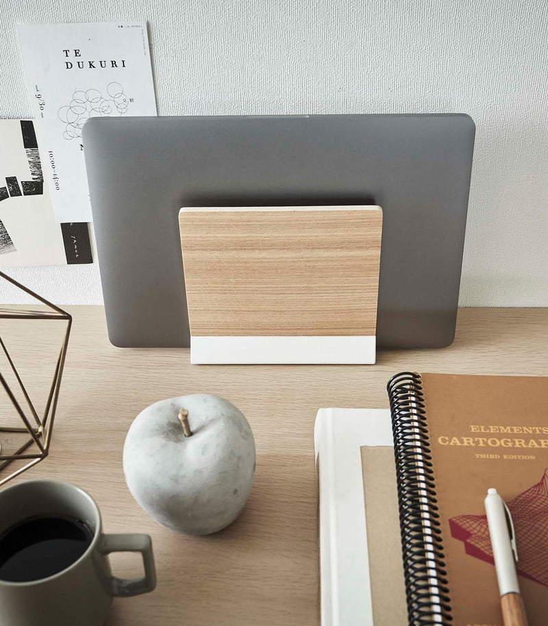 Yamazaki Home Rin Portable Laptop Holder Stand for Desk in Bedroom Or Office, Wooden Storage Station - Steel + Wood Walnut