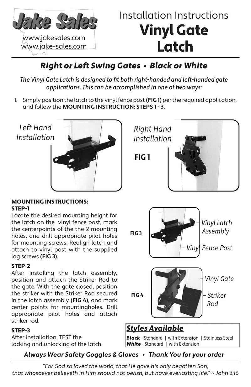 Jake Sales Vinyl Gate Latch Black (for Vinyl, Wood, PVC etc Fencing) Fence Gate Latch w/Mounting Hardware - Gate Latches Have a 90 Degree Bracket Resulting in a Positive Latch to Gate Connection Black Ext Each