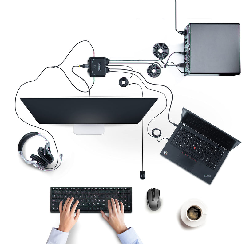 StarTech.com 2-Port Hybrid USB-C HDMI Cable KVM Switch, 4K 60Hz, Compact KVM with 6ft/1.8m USB-A/HDMI/Audio & 4ft/1.2m USB-C Integrated Cables, Bus Powered, Hotkey Switching (C2-H46-UAC-CBL-KVM)