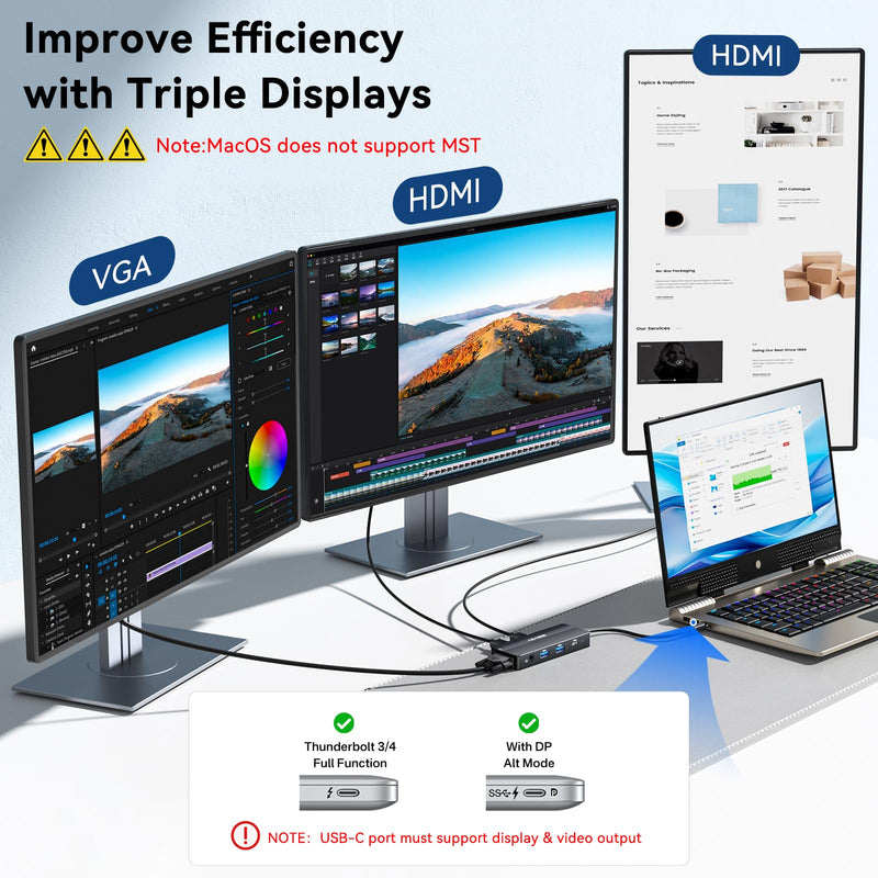 ANYOYO USB C Docking Station Dual HDMI Monitor Adapter 8-in-1 USB C HUB 3 Monitors Adapter with 4K HDMI +VGA +PD100W+Audio Laptop Docking Station for Dell/Lenovo/HP/Samsung/ASUS (Black) Black