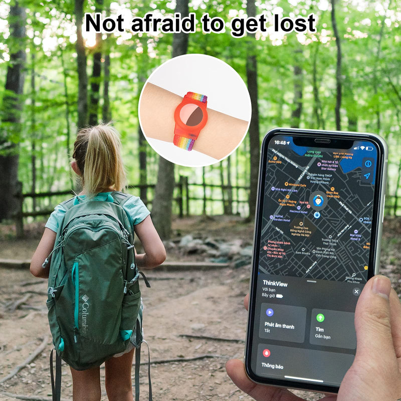 Kids Wristband Compatible with Apple AirTag, Protective Case for Air Tag GPS Tracker Holder with Nylon Bracelet, Adjustable Anti Lost Watch Band for Toddler Child Elder (Rainbow B) Rainbow B