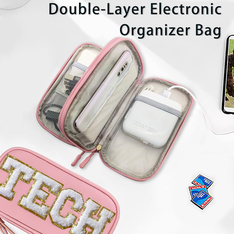 Electronics Organizer Bag Travel with Chenille Letter Patch TECH Traveling Essential Preppy Personalized Gift for Women Cable Cord Charger Storage Case Carrying Pouch (Light Pink) Light Pink