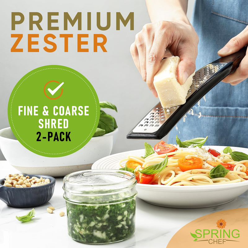 Spring Chef Premium Lemon Zester Grater with Handle - Ginger, Nutmeg, Garlic Grater - Heavy Duty Kitchen Tool - Stainless Steel Citrus Zester with Blade Cover - Fine & Coarse Shred, Set of 2, Black Fine & Coarse Zester