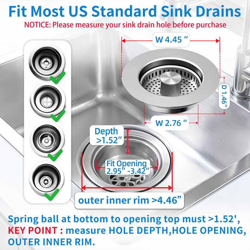 3 in 1 Kitchen Sink Drain Strainer,Pop up Sink Stopper Kitchen Drain, Anti-Clogging Strainer Basket Odor Prevention Plug Stopper for US Standard 3-1/2” Drain (Silver-2pcs) Silver-2pcs