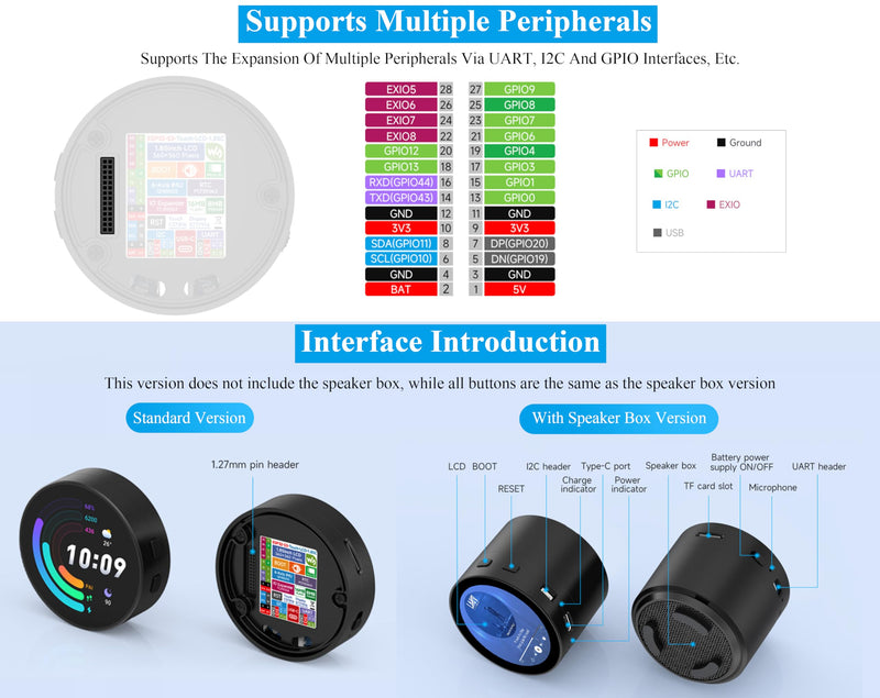 ESP32-S3 with 1.85inch Touch Round LCD Development Board, 360x360, Supports Wi-Fi & BLE 5, AI Speech, Smart Speaker Box,Supports AI Speech Interaction and Offline Voice Control, with 8Ω 2W Speaker