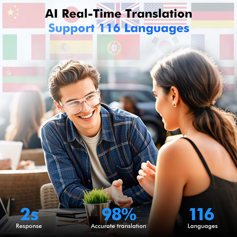 AI Smart Glasses, Translation Glasses with 110+ Languages, AI Chat, Voice & Video Call, UV400, Ultra-Light Desgin for Work, Travel & Fitness, Smart Glasses for Women&Men(White)