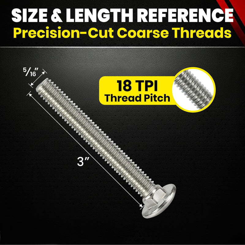 Chenango Supply 5/16-18 x 3" Stainless Steel Carriage Bolts – 304 Stainless, USS Coarse Thread, 100,000–125,000 PSI Tensile Strength, Corrosion-Resistant Hardware Bolts, (25 Pieces, 5/16-18 x 3) 5/16-18x3