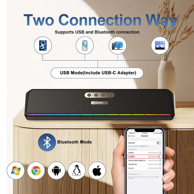 Desktop Computer Speakers for Laptop Tablet, Wired USB Mini Sound Bar Speaker with Stereo Sound, Vibrating Diaphragms, Flowing LED, Plug-n-Play PC Speakers Computer Sound Bar, Bluetooth & USB Input