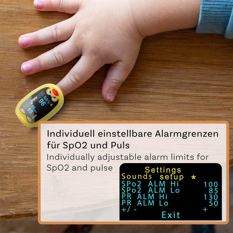 Pulox PO-210B Children's Pulse Oximeter Battery Operated with Alarm | Finger Pulse Oximeter for Children and Toddlers Rechargeable with Acoustic Warning Function