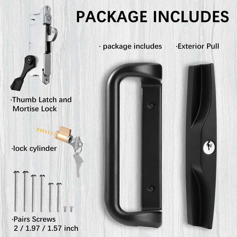 House Guard Black Sliding Glass Door Handle Set with Lock and Key | Fits 3-15/16 in screw holes; keyed mortise lock, reversible, for 1-3/16 to 2 in doors