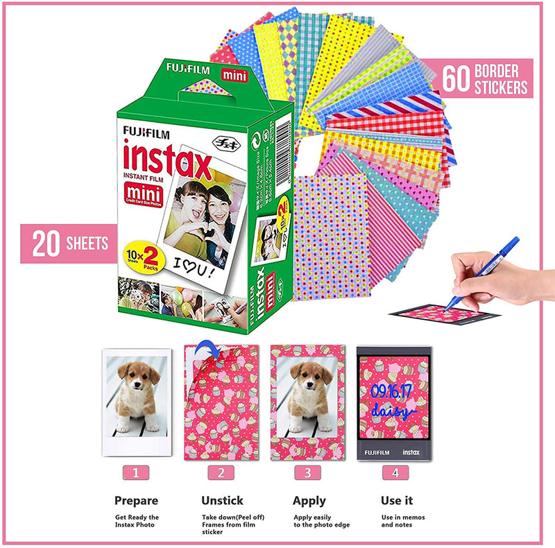 Fujifilm Instax Mini Instant Film (2 Pack, 40 Sheets) Tudak 5 Plastic Desk Frames + 60 Sticker Frames + 2 Packs Corner Stickers 40 Sheet Bundle Standard Packaging