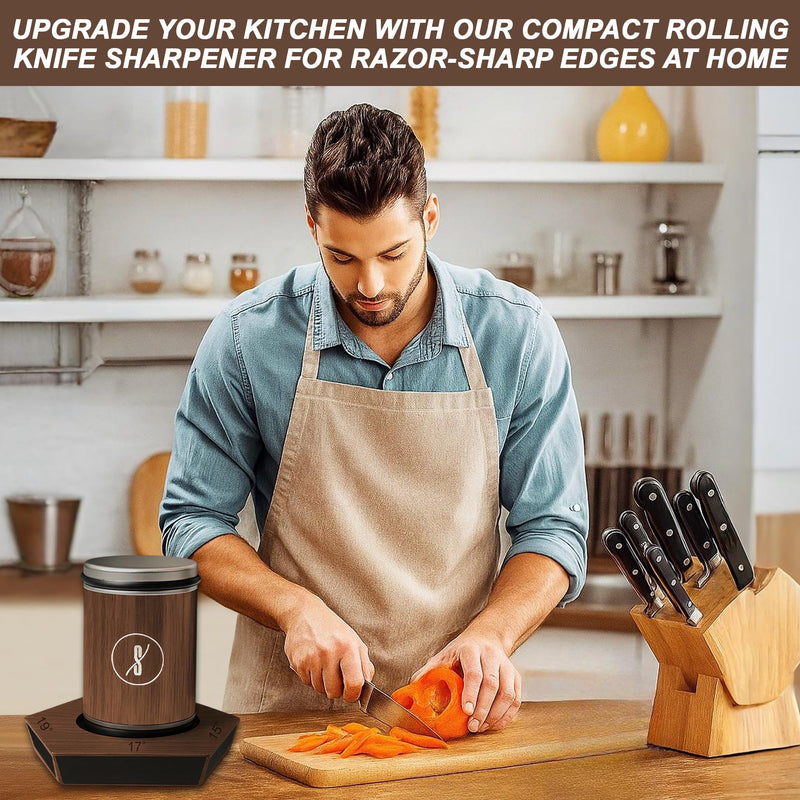 SKILO Rolling Knife Sharpener Made of Black American Walnut - Tumbler Knife Sharpener Knife Sharpening With Diamonds & Ceramic for Steel of Any Hardness With Magnetic Angle