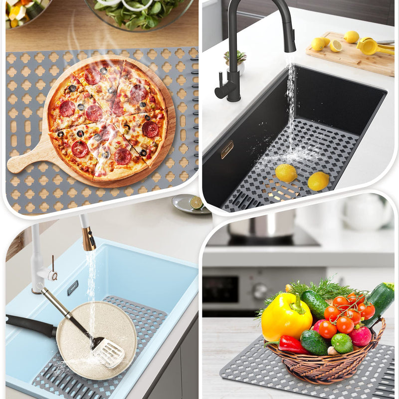 Kitchen Mat, Protectors for Sink 25"x13" Non-Slip Folding Grates for Bottom of Farmhouse Stainless Steel Porcelain Sink, DIY Silicone Can Be Cut to Any Size Grey-1 PCS 25”x13”-DIY 1pcs