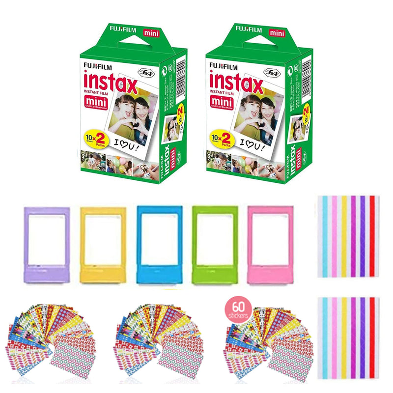 Fujifilm Instax Mini Instant Film (2 Pack, 40 Sheets) Tudak 5 Plastic Desk Frames + 60 Sticker Frames + 2 Packs Corner Stickers 40 Sheet Bundle Standard Packaging