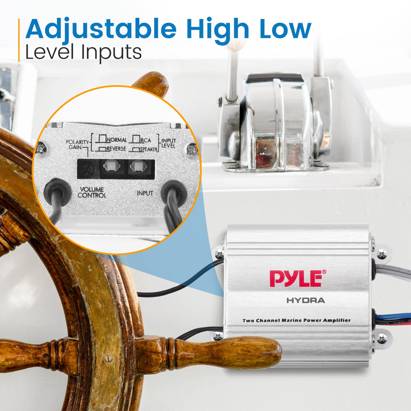 Pyle Hydra Marine Amplifier - Upgraded Elite Series 400 Watt 2 Channel Micro Amplifier - Waterproof, GAIN Level Controls, RCA Stereo Input, 3.5mm Jack & Volume Control (PLMRMP1A) White
