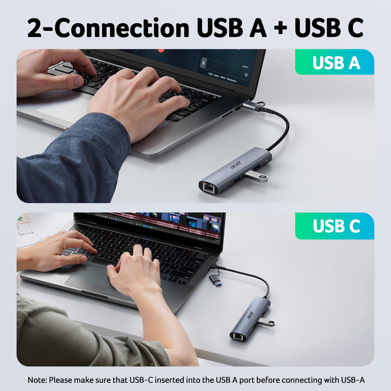 Acer USB C to Ethernet Adapter, USBC Hub Ethernet with 3 USBA 3.0 and RJ45 1Gbps LAN Port, Aluminum Heat Dissipation, USB to Network Adapter for Laptop, MacBook Pro, iPad, XPS and More