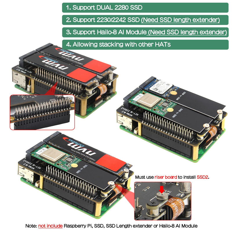 Geekworm X1004 PCIe to Dual M.2 NVMe 2280 SSD HAT for Raspberry Pi 5 | PCIe 2.0