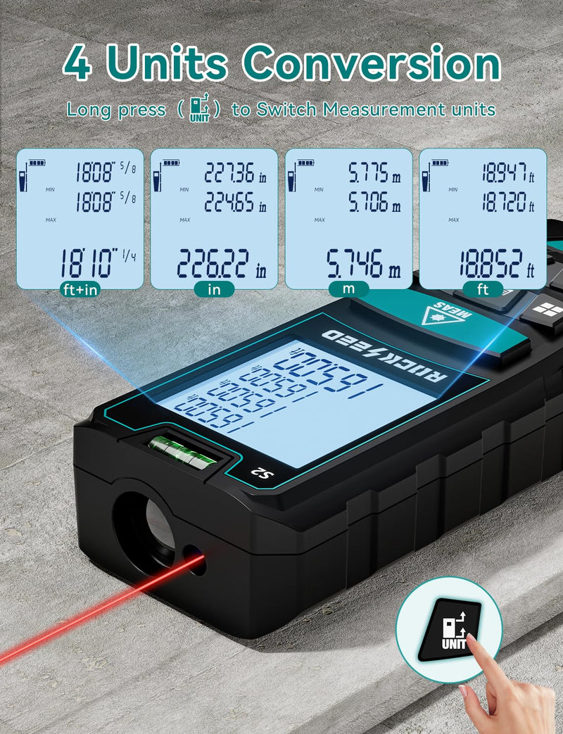 Laser Measure 50M/165ft,RockSeed Digital Laser Distance Meter with 2 Bubble Levels,Portable M/in/Ft Unit Switching Backlit LCD and Measuring Distance/Area/Volume/Pythagorean Red Laser 165FT