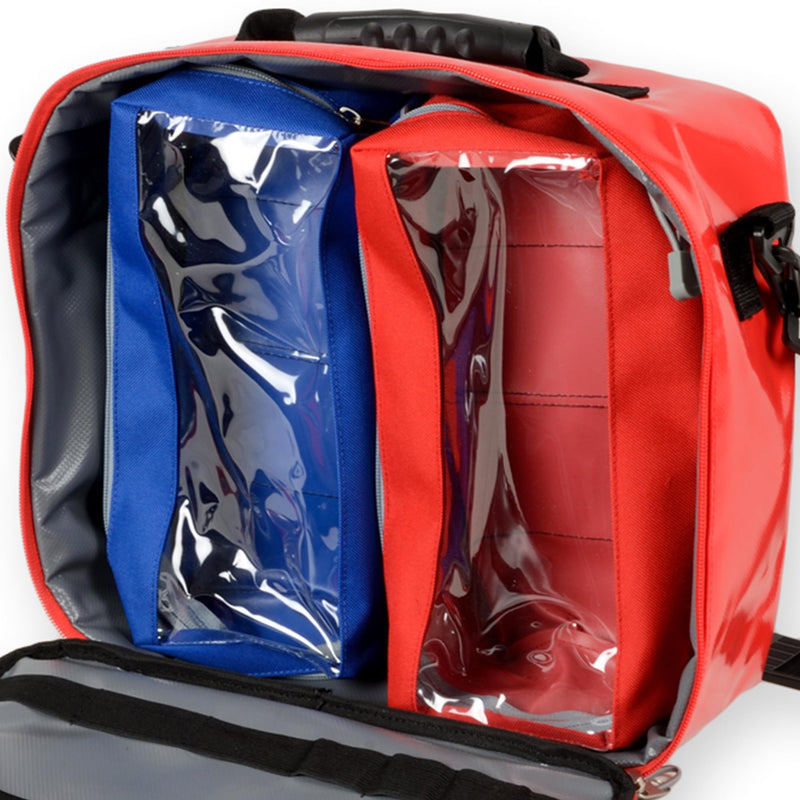 GIMA - CUBO emergency bag, for rescuers, empty, made of polyester PVC coated, color red, dimensions 28x34x13 cm, with shoulder strap, inner and outer pocket with zipper and 2 removable pockets