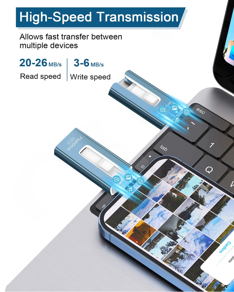 256GB USB Flash Drive for Phone and Pad, Photo Stick High Speed External USB Thumb Drives Photo Storage Memory Stick for Save More Photos and Videos (Blue, 256GB) Blue