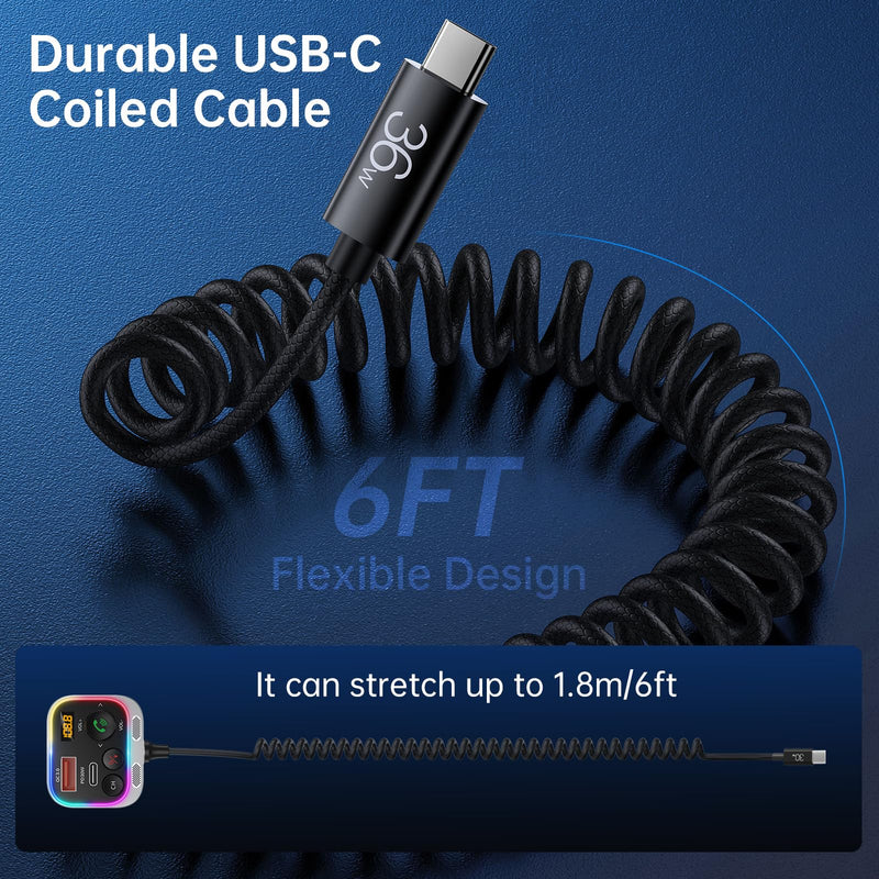 Syncwire Bluetooth 5.3 FM Transmitter Car Adapter, 66W PD QC 3.0 Fast Charge Car Charger with USB-C Coiled Cable, Wireless FM Radio Adapter, Strong Mics, Bass HiFi Sound, Hands-free Call, Light Switch