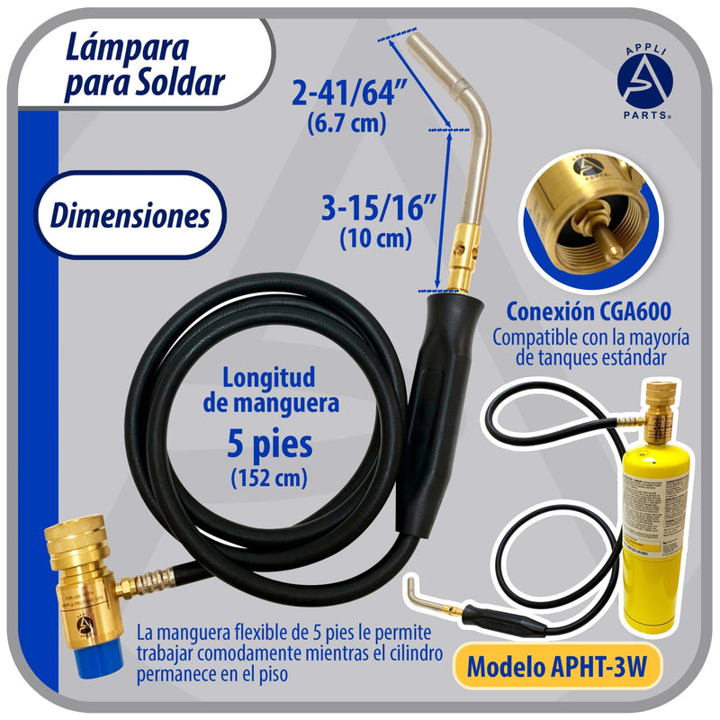 Appli Parts APHT-3W Single Burner Hand Torch with 5 ft Hose and Handle for Soldering Welding and brazing with map or Propane Fuel for HVAC and Plumbing