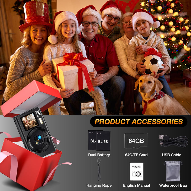 Dual Screen 5K Digital Camera for Vlogging, 80MP WiFi Camera with Front Display, 18X Zoom, Fill Light, Includes 64GB Card & 2 Batteries S150PRO
