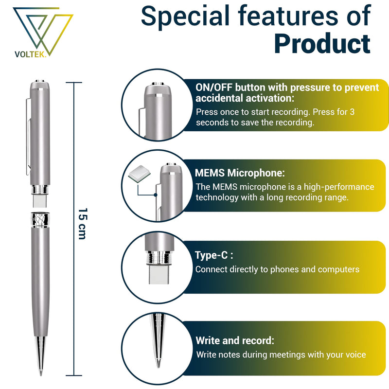 Digital Voice Recorder Pen - 64GB - Mini Audio Recording Device for Meetings - Portable Dictaphone Microphone Sound - Compact Digital Recorder with Free E-Book Included GREY