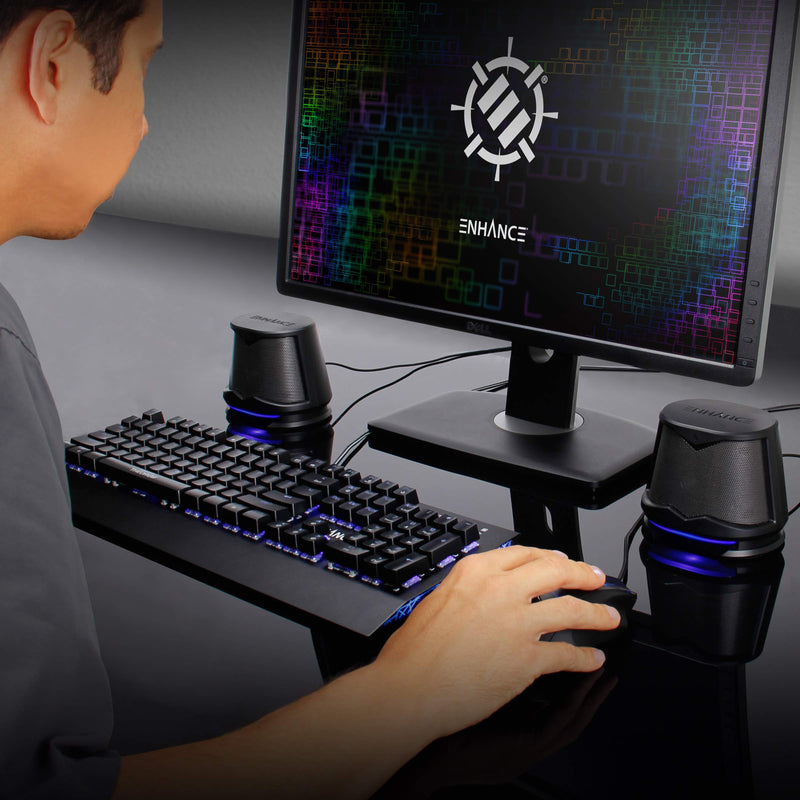 ENHANCE SB2 PC Speakers with Blue LED Glow Lights and 2.0 USB Powered Design - 10W Peak Sound, 3.5mm Wired Connection, in-Line Volume Control - Compatible with Gaming Desktop, Laptop, PC - Black