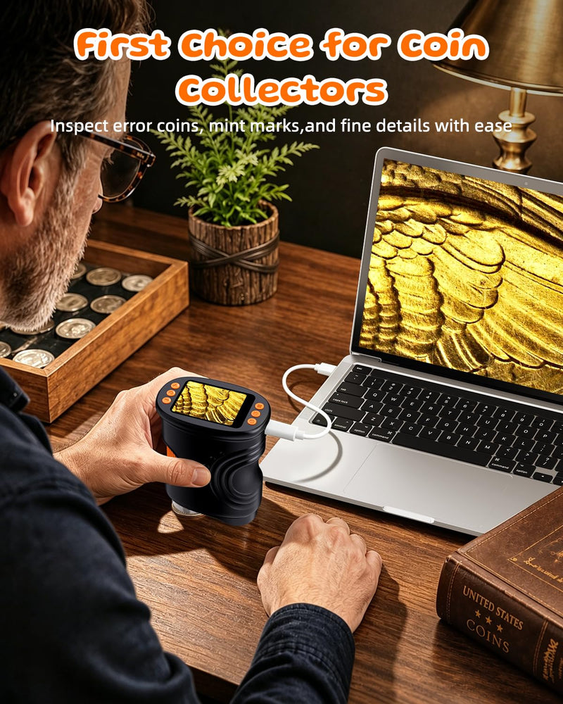 1000X Coin Microscope with Lights, Digital Handheld Coin Magnifier with 8 Adjustable LED Light, Portable Rechargeable Pocket Microscope Compatible with Windows/Mac, Black