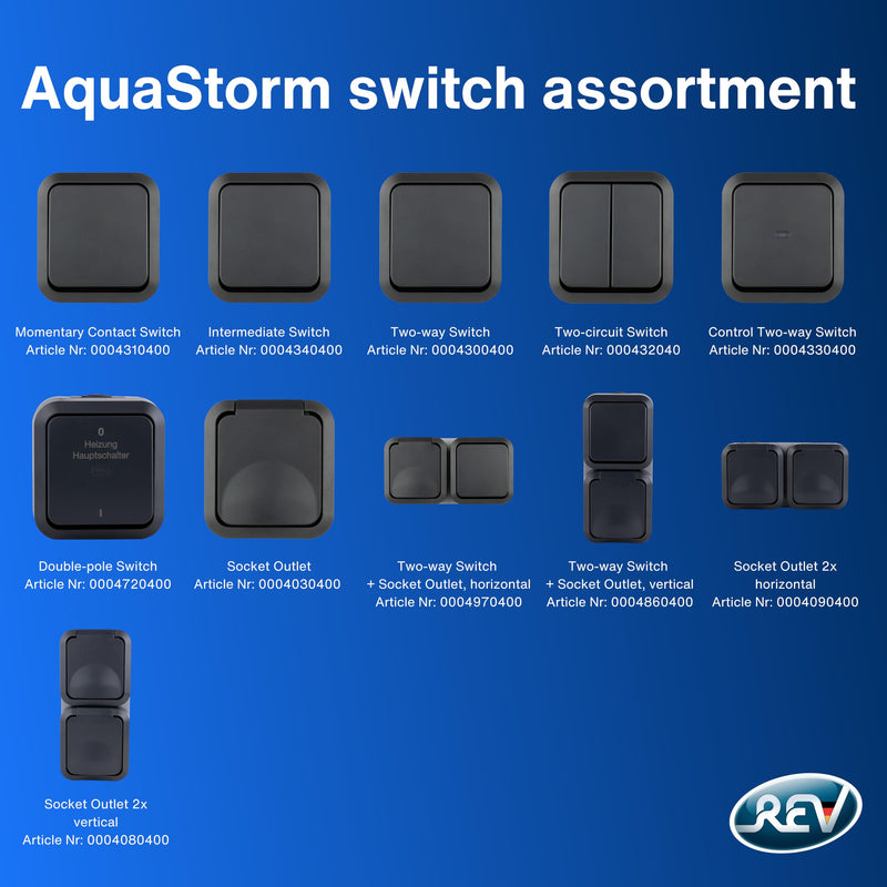REV 0004030400 AquaStorm Socket for Wet Rooms, IP55 2-Pin, Surface-Mounted, Anthracite | Robust housing, two-pole, 230 V, 16 A, ideal for workshop, terrace and cellar 1 x socket