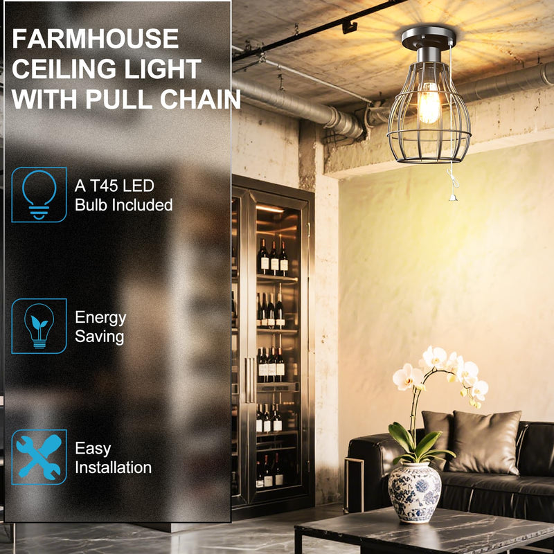 Lightdot Farmhouse Flush Mount Ceiling Light with Pull Chain Industrial Ceiling Light Fixture Rustic Black Metal Cage Close to Ceiling Lamp E26 Base for Closet Hallway Foyer Kitchen-2Pack