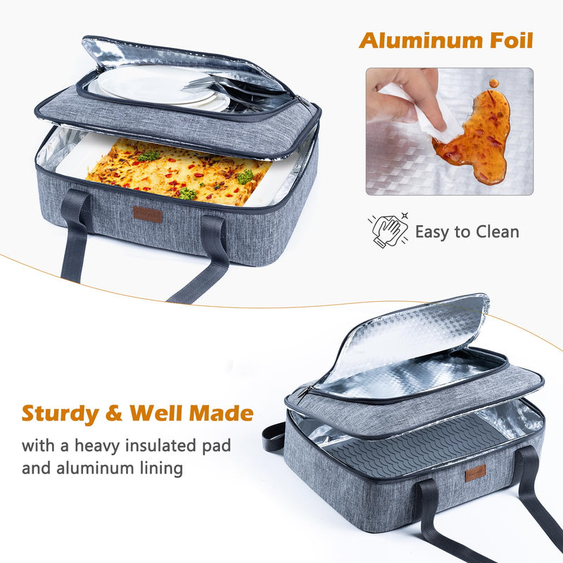 BAGSPRITE Insulated Casserole Carrier for Hot or Cold Food with Heat-resistant Mat, Casserole Dish Carrier Insulated Food Carrier, Hot Food Carrier, Foil Pan Carrier Fits 9" x 13" Baking Dish Grey Style A