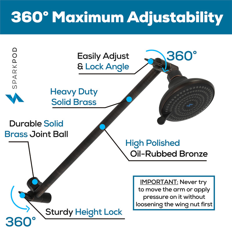 SparkPod 16" Solid Brass Shower Head Extension Arm - Flexible Height & Angle Adjustable Shower Arm Extension for Rain Showerheads with Sturdy Lock - Universal Pipe Connection (Oil-Rubbed Bronze) 16 Inch Adjustable 4 - Vintage Oil-Rubbed Bronze