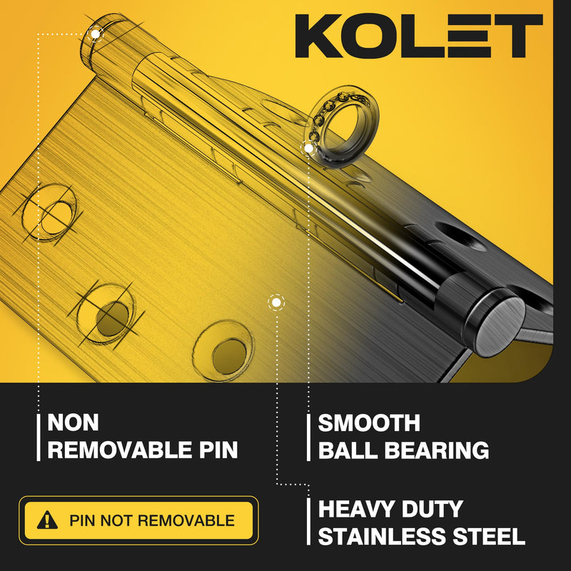 KOLET Ball Bearing Door Hinges, 4 x 4 Inches Door Hinges, Square and 5/8'' Radius Corner, Heavy Duty Stainless Steel Hinges, Smooth and Quiet, Non Removable Pin, Matte Black, 3 Pack