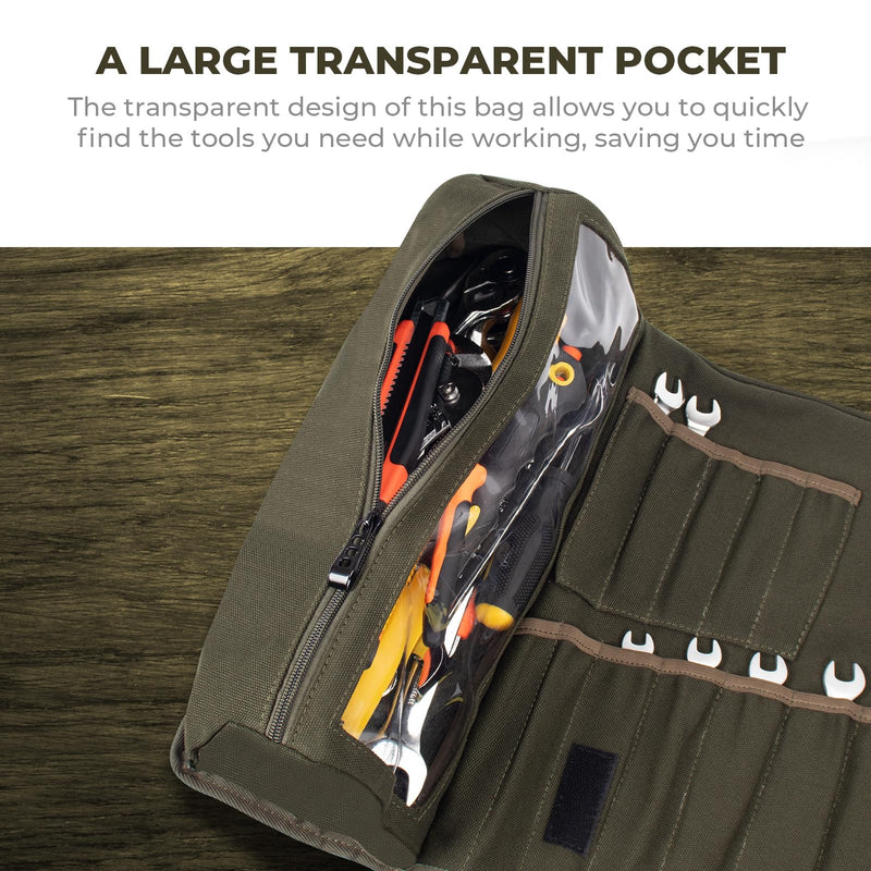 LELEZONE Wrench Roll Up Pouch, 19+1 Pockets Utility Roll, Portable Tool Organization Roll Bag, Gifts for Men Father Mechanic, Heavy Duty Canvas Wrench Organizer Bag (Green) Green