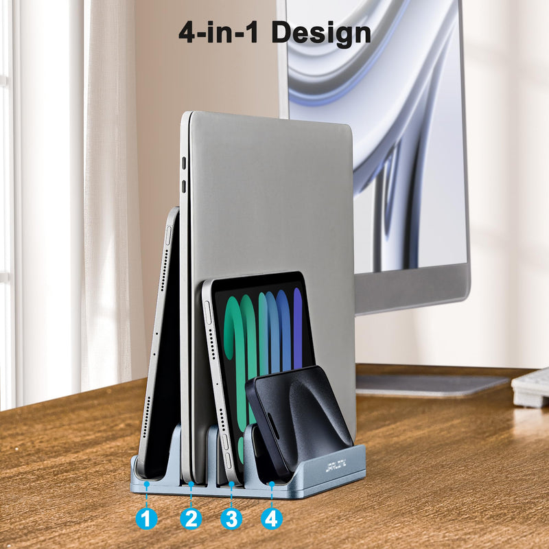 JARLINK 4-in-1 Adjustable Vertical Laptop Stand Holder, Aluminum Dual Slots Laptop Rack for Desk, Space-Saving Organizer Compatible with All MacBook, Surface, Chromebook, and Gaming Laptops (Grey) Gray