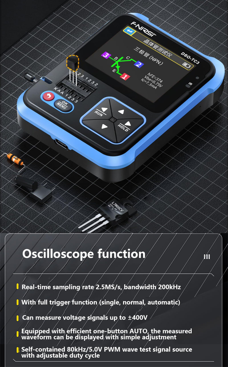 WANGCL TC3 - 3 in 1 Portable Oscilloscope ESR Tester 2.4" TFT Display 1500mA Mini Digital Oscilloscope 200kHz Bandwidth and 2.5MS/s Sampling Rate