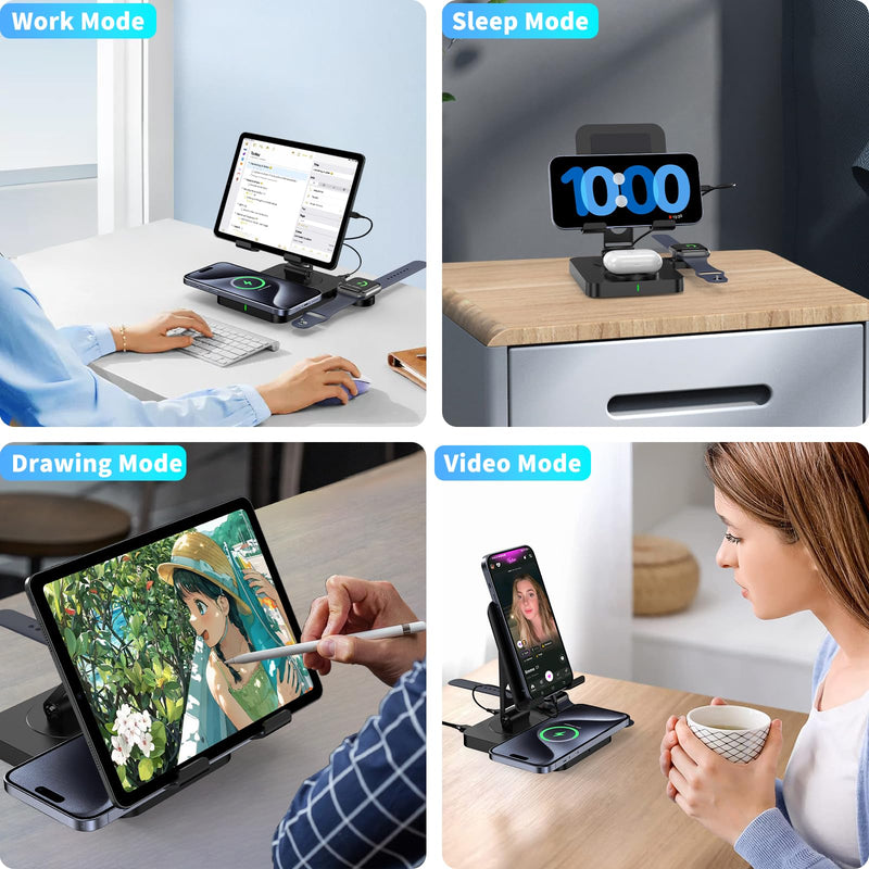 Wireless Charging Station for Multiple Devices Apple, Magsafe Charger for iPhone 15 Pro Max/14/13/12, Foldable Watch Charger for Apple Watch 9, Rotating iPad Charging Station with 45W Adapter