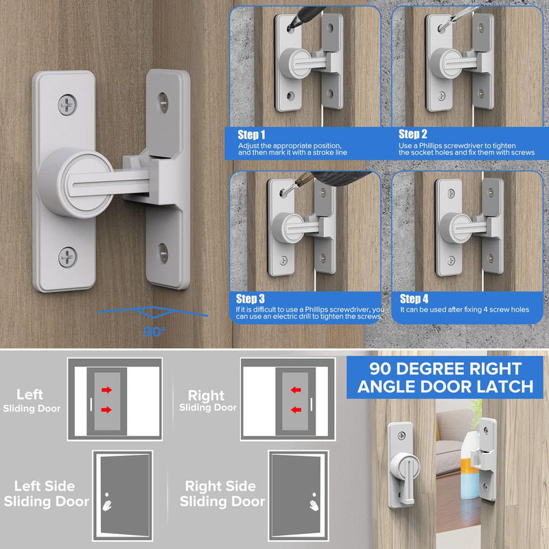 90 Degree Flip Barn Door Lock, Heavy Duty Sliding Gate Latches Locks for Garden, Bathroom, Garage, Sliding Doors (1 Pack White) 1 Pack White
