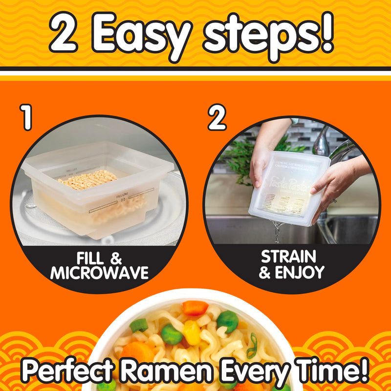 Fasta Pasta Microwave Ramen Noodle Cooker 2 Pack - No Mess, Sticking or Waiting For Boil - Patented Design Makes Perfect Noodles Every Time