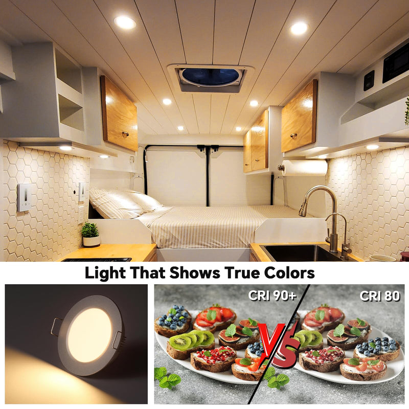 acegoo RV 2.75" Recessed LED Ceiling Light 12V Ultra-Thin Puck Light, Dimmable RV Lights Interior for Camper Van Truck Motorhome Boat Sailboat Roof Under Cabinet Lighting, 6 Pack (Silver,Warm White) Silver Finish Warm White