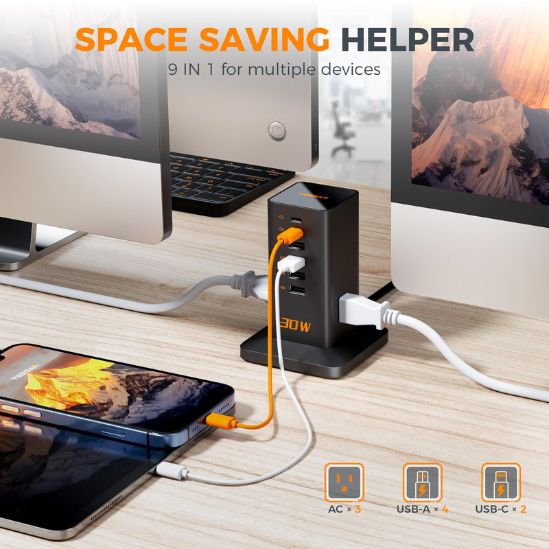 Charging Station 30W, TESSAN 9-in-1 Cellphone Charger Fast for iphone13/14/15, ipad, Tablets with Surge Protector, 5ft Extension Cord with 3 AC, 4 USB A, 2 USB C for Home, Office, Black