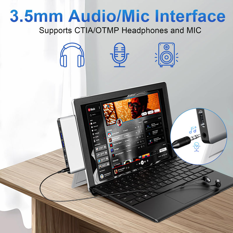 Surface Pro 9/10/11/X Docking Station, Quad Display Surface pro 11 USB Hub with Dual 4K@60Hz HDMI, USB-C (4K@60Hz Video+40Gbps Data+100W Charge), 2 USB3.0, SD/TF, 3.5mm Mic for Surface Pro 11/10/9/X For Surface Pro 9/10/11/X