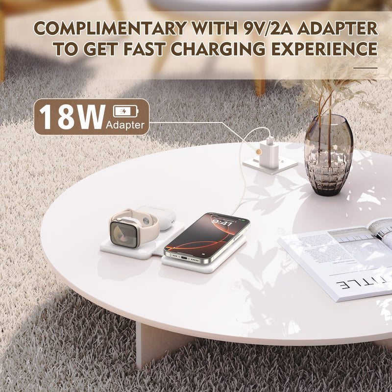 Magnetic Wireless Charger for iPhone: 3 in 1 Travel Charging Station for Apple Devices for iPhone 16 15 14 13 12 Pro Max Plus - Foldable Charging Pad for Apple Watch Series & Airpods 3 2 Pro White