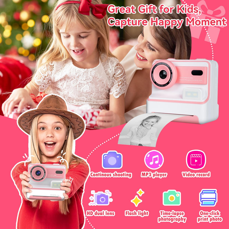 Instant Print Camera for Kids Toddler Camera Print for Girls Boys Age 3-12 2.4 Inch Screen 1080P Selfie Toddler Cameras for Children Birthday Gifts with 3 Rolls Print Paper & 32G Card(Pink) Pink